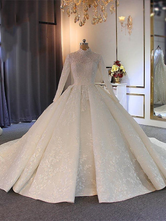 Long Ball Gown High Neck Tulle Lace Wedding Dresses with Sleeves-BIZTUNNEL