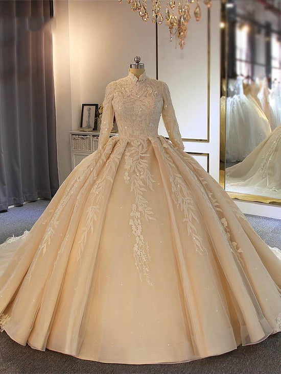Long Ball Gown High Neck Tulle Lace Wedding Dresses with Sleeves-BIZTUNNEL