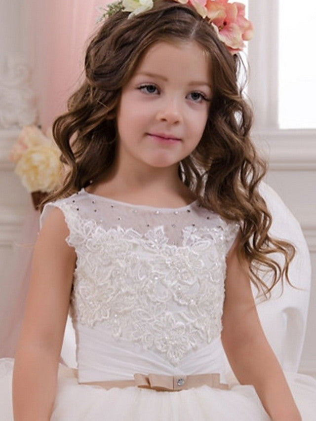 Long Ball Gown Jewel Neck Event Party Birthday Flower Girl Dresses With Appliques-BIZTUNNEL