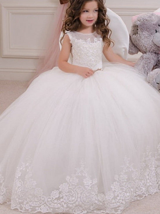 Long Ball Gown Jewel Neck Event Party Birthday Flower Girl Dresses With Appliques-BIZTUNNEL