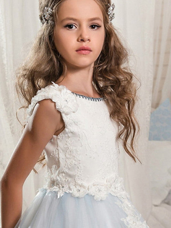 Long Ball Gown Jewel Neck Wedding Event Party Flower Girl Dresses With Lace Appliques-BIZTUNNEL