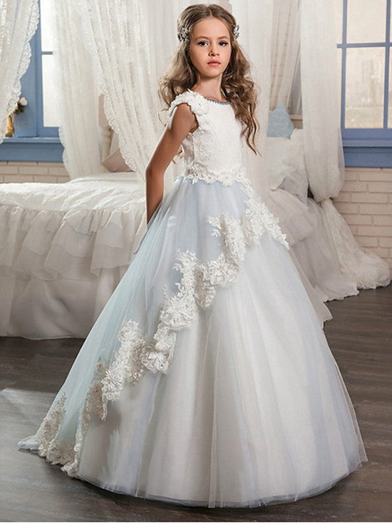 Long Ball Gown Jewel Neck Wedding Event Party Flower Girl Dresses With Lace Appliques-BIZTUNNEL