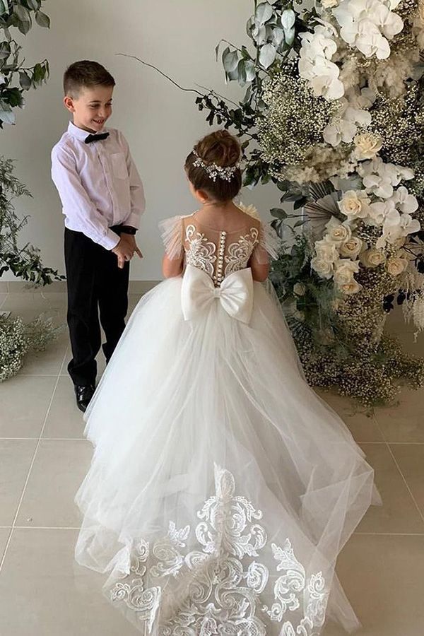 Long Ball Gown Lace Appliques Tulle Flower Girl Dresses-BIZTUNNEL