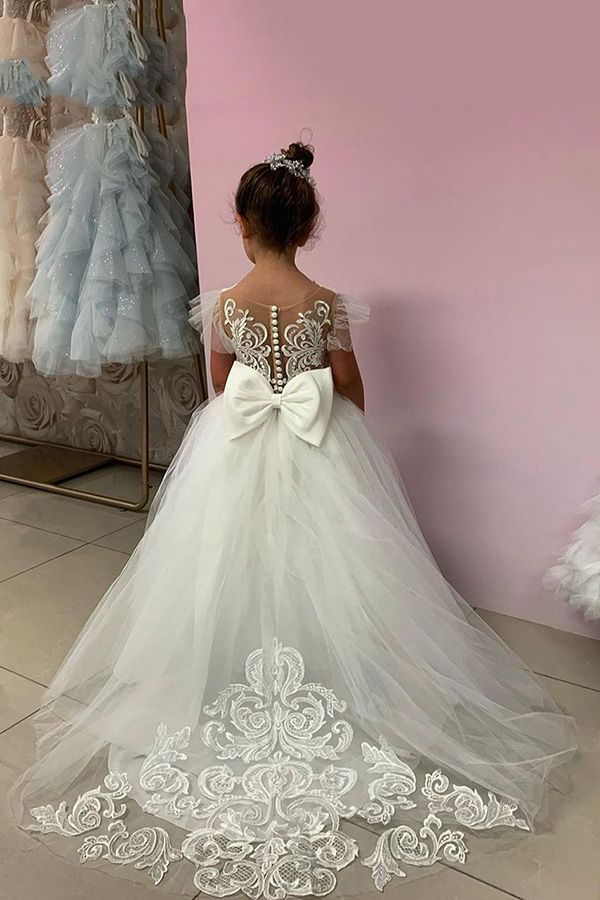 Long Ball Gown Lace Appliques Tulle Flower Girl Dresses-BIZTUNNEL