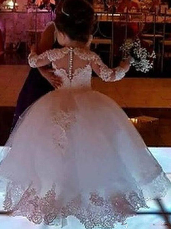 Long Ball Gown Lace Jewel Neck Wedding Flower Girl Dresses with Sleeves-BIZTUNNEL