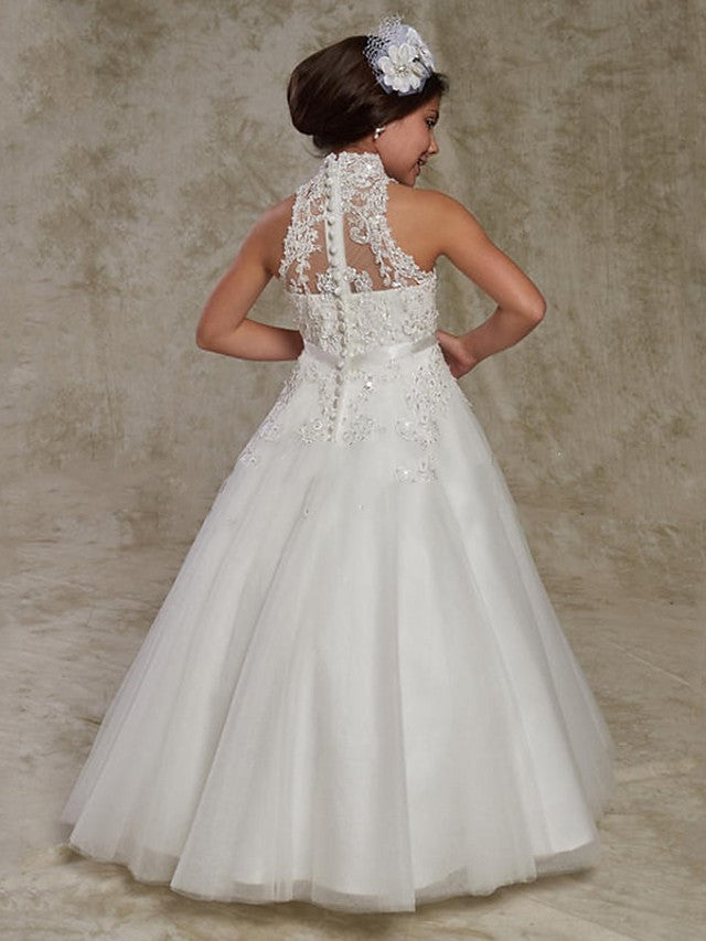 Long Ball Gown Lace Sleeveless High Neck Wedding Party Flower Girl Dresses With Beading Appliques-BIZTUNNEL