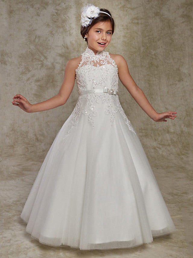 
                  
                    Long Ball Gown Lace Sleeveless High Neck Wedding Party Flower Girl Dresses With Beading Appliques-BIZTUNNEL
                  
                