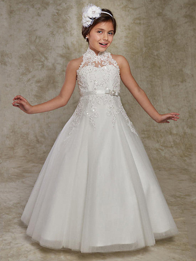 Long Ball Gown Lace Sleeveless High Neck Wedding Party Flower Girl Dresses With Beading Appliques-BIZTUNNEL