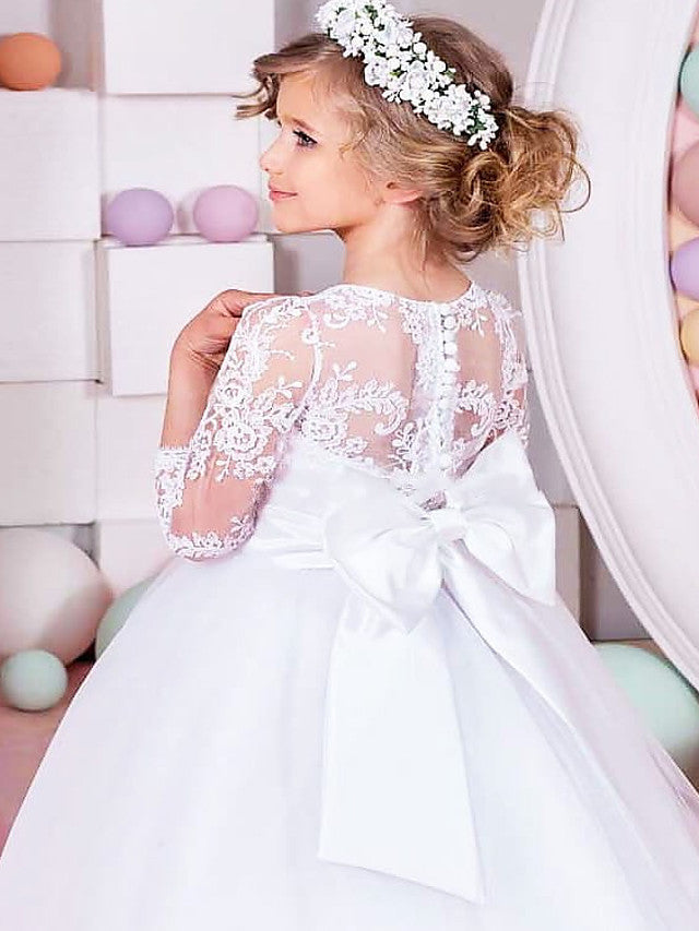 Long Ball Gown Lace Tulle Half Sleeve Jewel Neck Wedding Party Flower Girl Dresses-BIZTUNNEL