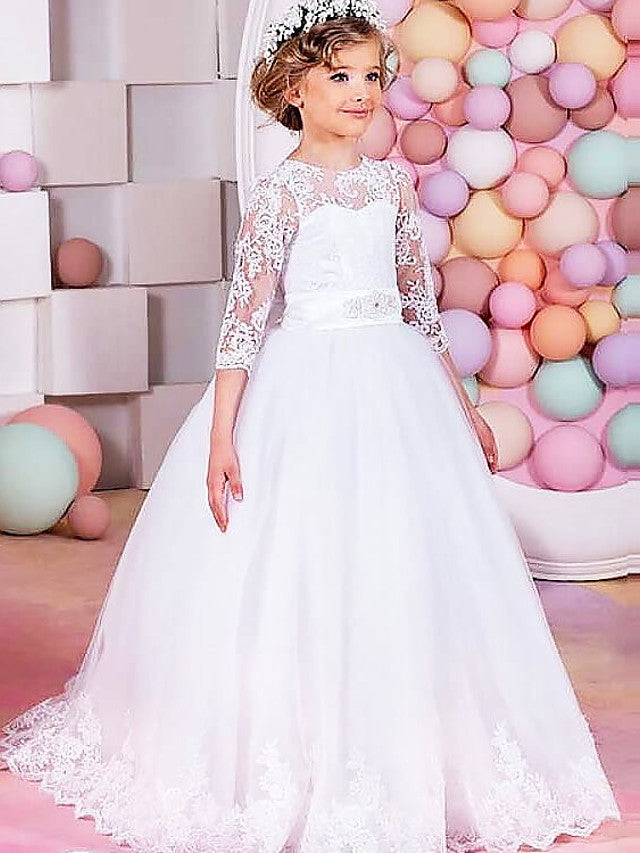 Long Ball Gown Lace Tulle Half Sleeve Jewel Neck Wedding Party Flower Girl Dresses-BIZTUNNEL