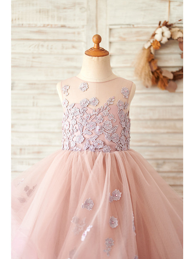 Long Ball Gown Lace Tulle Sleeveless Jewel Neck Wedding Birthday Flower Girl Dresses-BIZTUNNEL