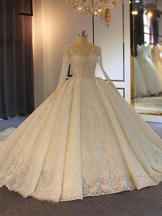 Long Ball Gown Lace-Up Sparkling V-Neck Wedding Dresses with Sleeves-BIZTUNNEL