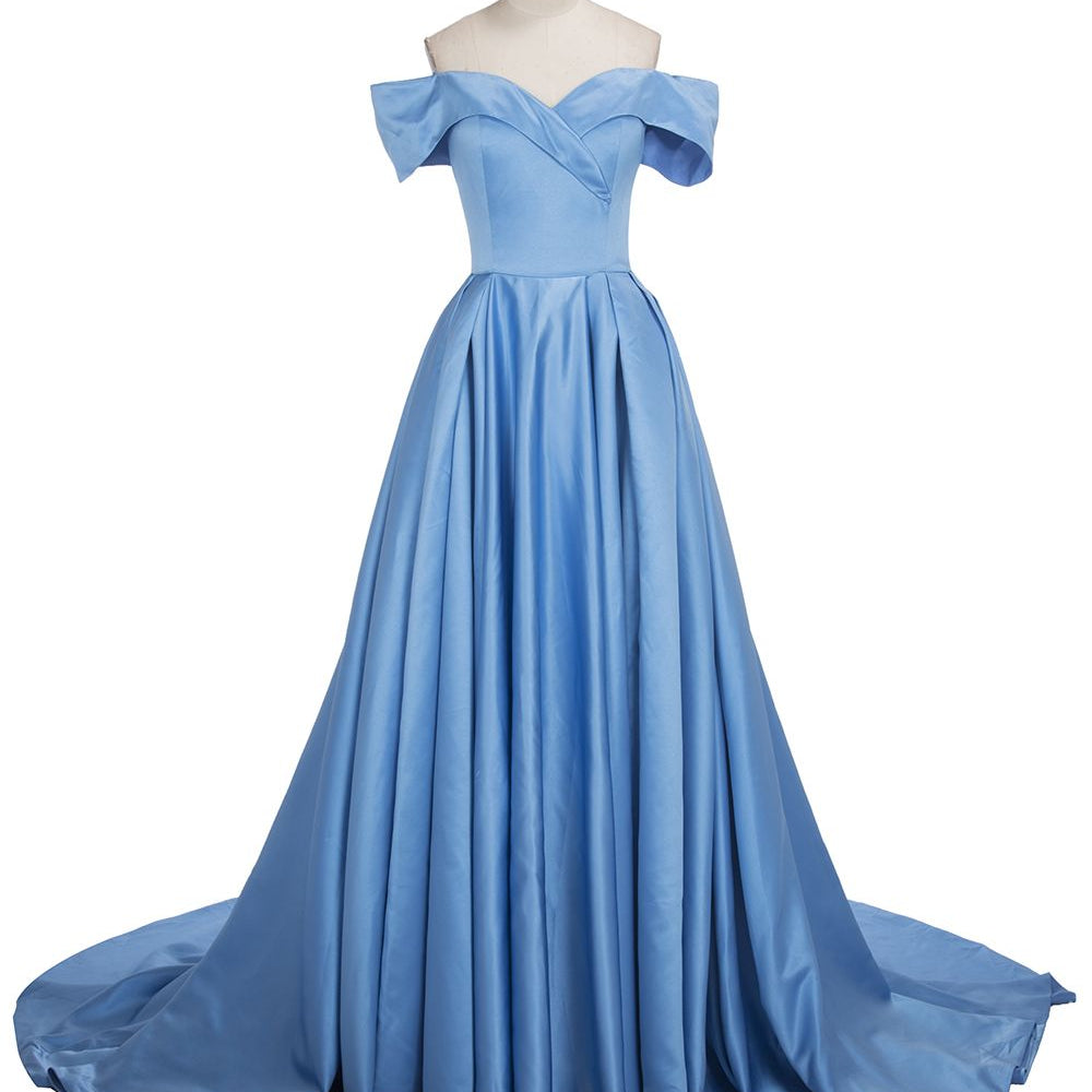 
                  
                    Long Ball Gown Off-shoulder Satin Blue Prom Dresses with Slit-BIZTUNNEL
                  
                