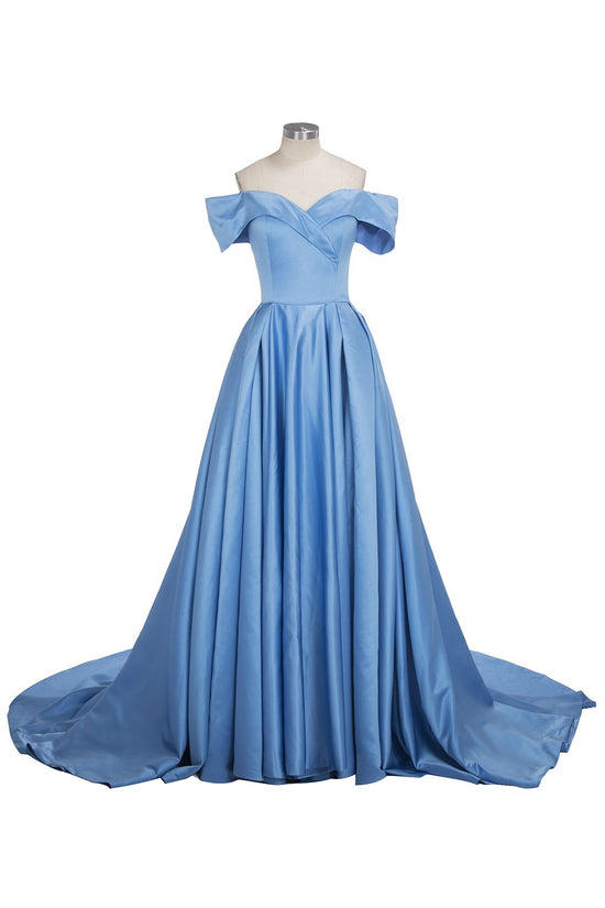 Long Ball Gown Off-shoulder Satin Blue Prom Dresses with Slit-BIZTUNNEL