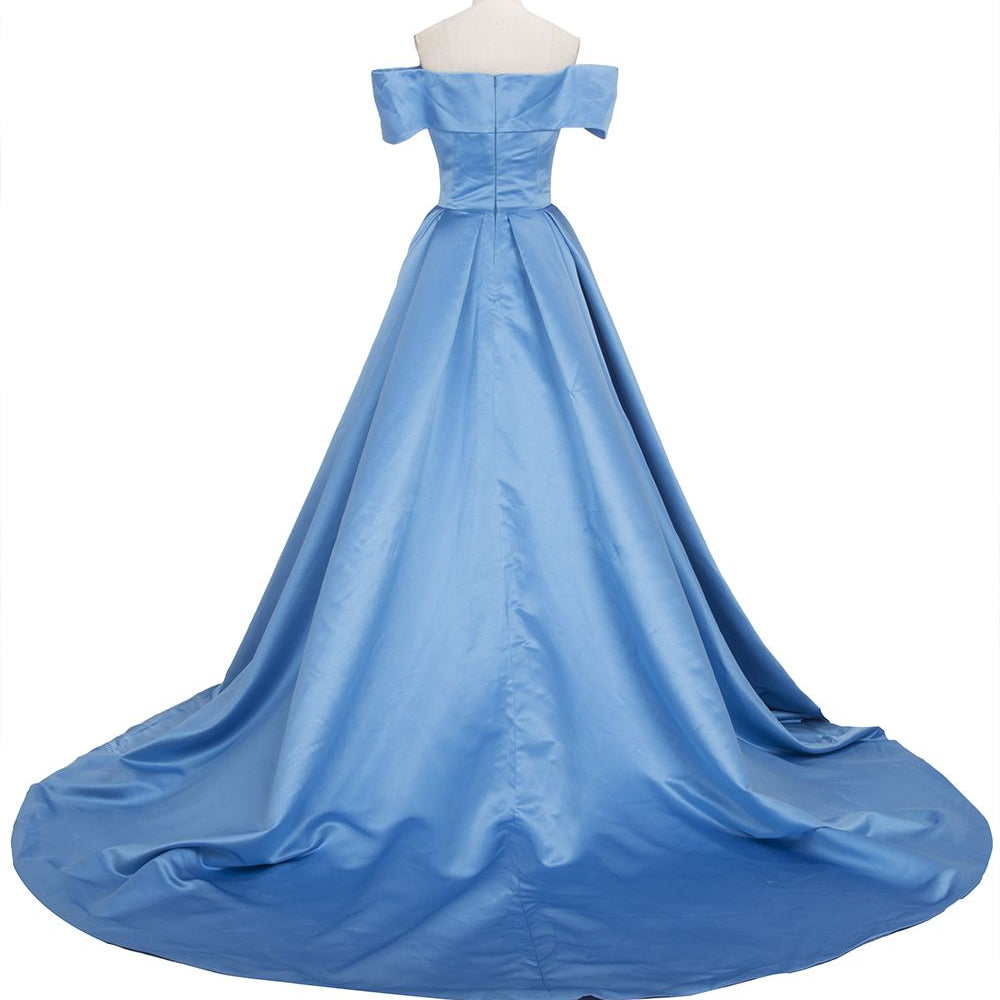 
                  
                    Long Ball Gown Off-shoulder Satin Blue Prom Dresses with Slit-BIZTUNNEL
                  
                