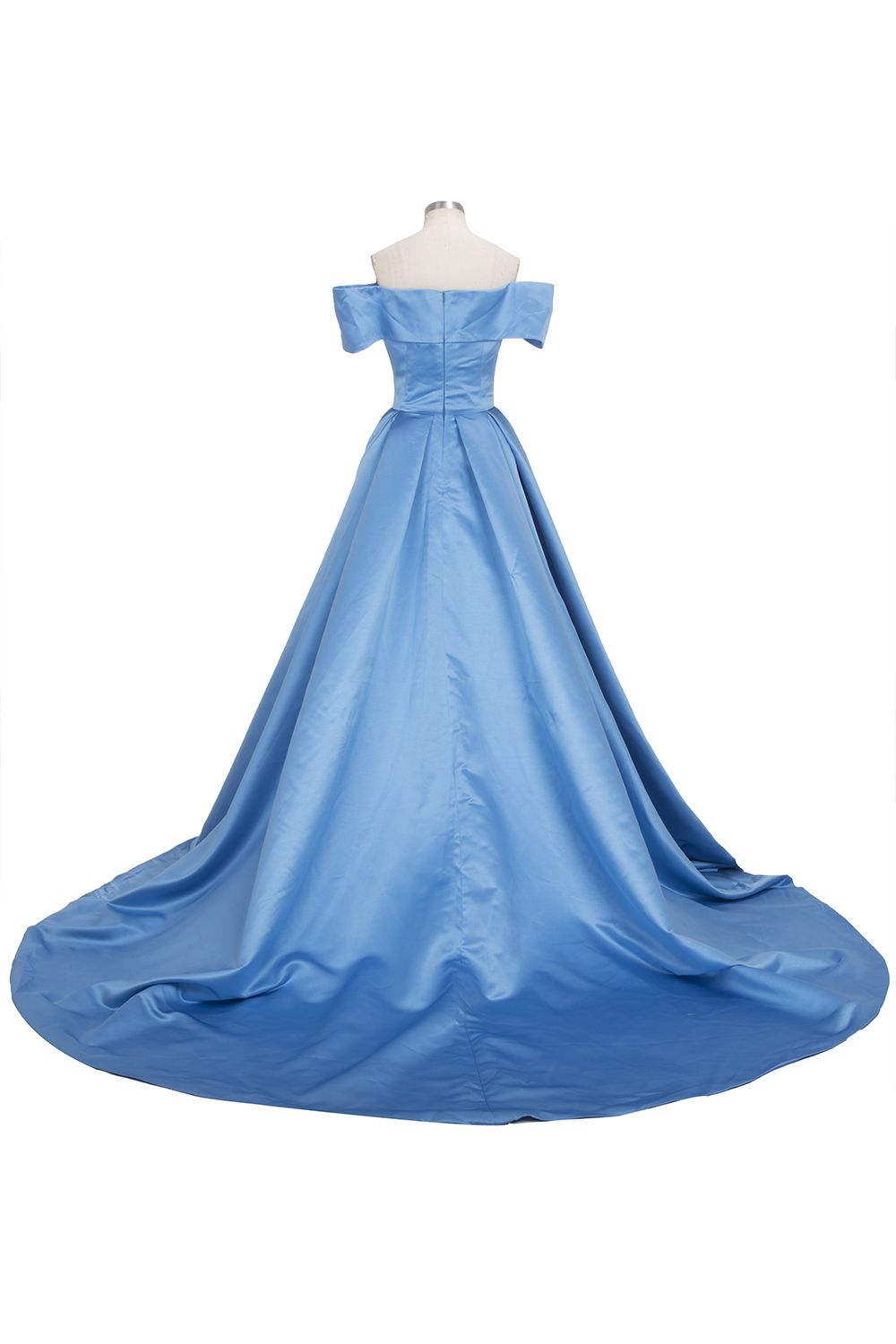 Long Ball Gown Off-shoulder Satin Blue Prom Dresses with Slit-BIZTUNNEL