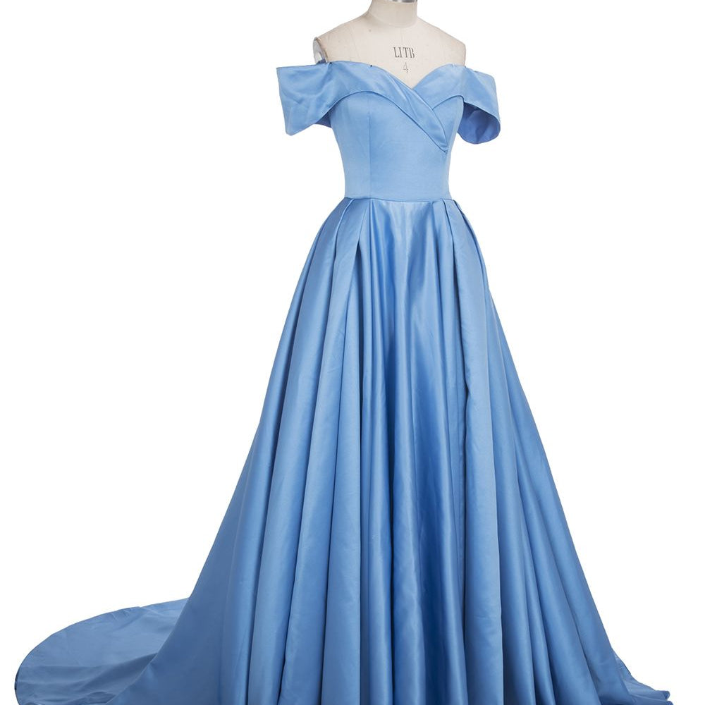 
                  
                    Long Ball Gown Off-shoulder Satin Blue Prom Dresses with Slit-BIZTUNNEL
                  
                