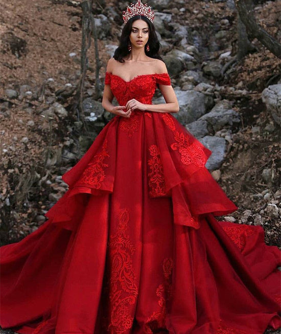 Carregar imagem no visualizador da galeria, Long Ball Gown Off the Shoulder Satin Lace Red Prom Dress-BIZTUNNEL
