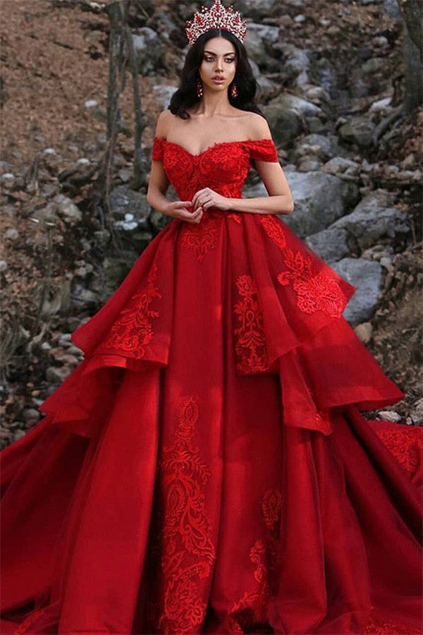 Long Ball Gown Off the Shoulder Satin Lace Red Prom Dress-BIZTUNNEL