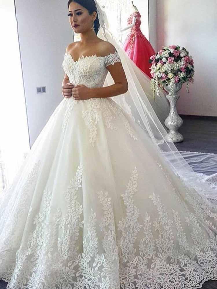 Long Ball Gown Off-the-Shoulder Tulle Lace Beads Wedding Dresses-BIZTUNNEL