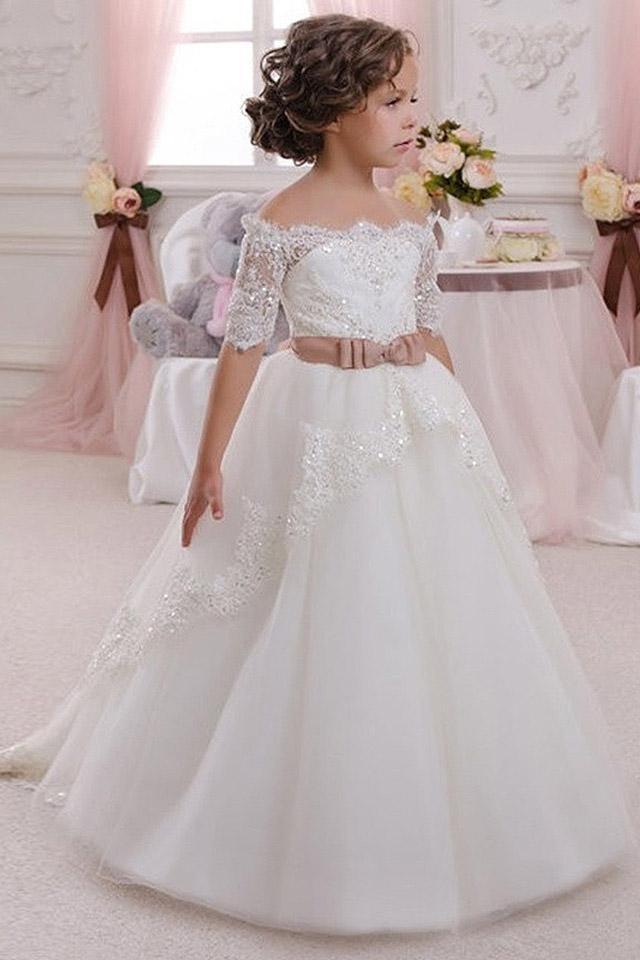 Long Ball Gown Off The Shoulder Tulle Lace Flower Girl Dresses with Sleeves-BIZTUNNEL