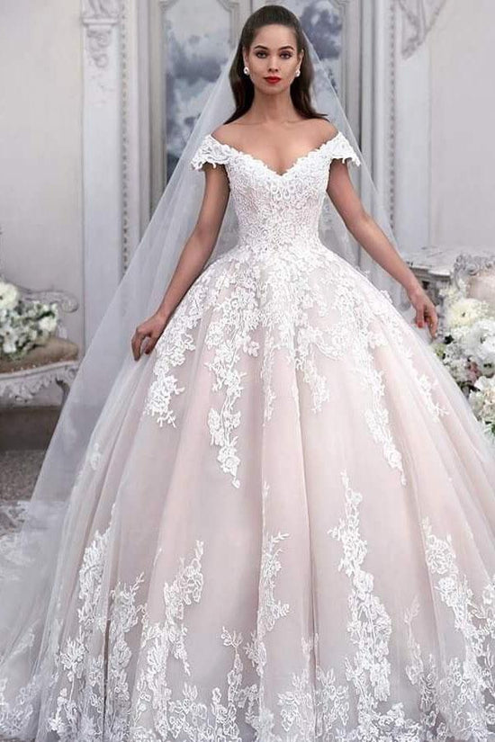 Long Ball Gown Off the Shoulder Tulle Wedding Dress with Appliques Lace-BIZTUNNEL