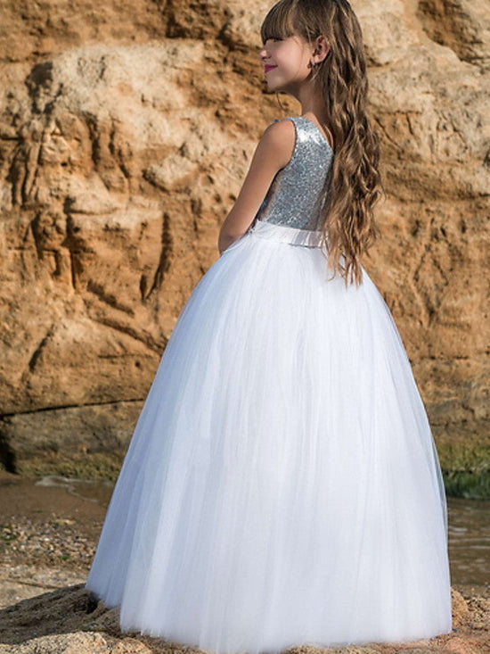 Long Ball Gown Polyester Sleeveless Jewel Neck Wedding Party Flower Girl Dresses-BIZTUNNEL
