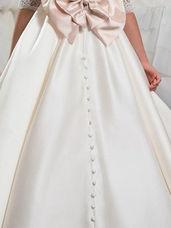 Sweet Ball Gown Strapless Satin Lace Flowers Without Sleeves Long Prom Dress, Evening Dress main image 1