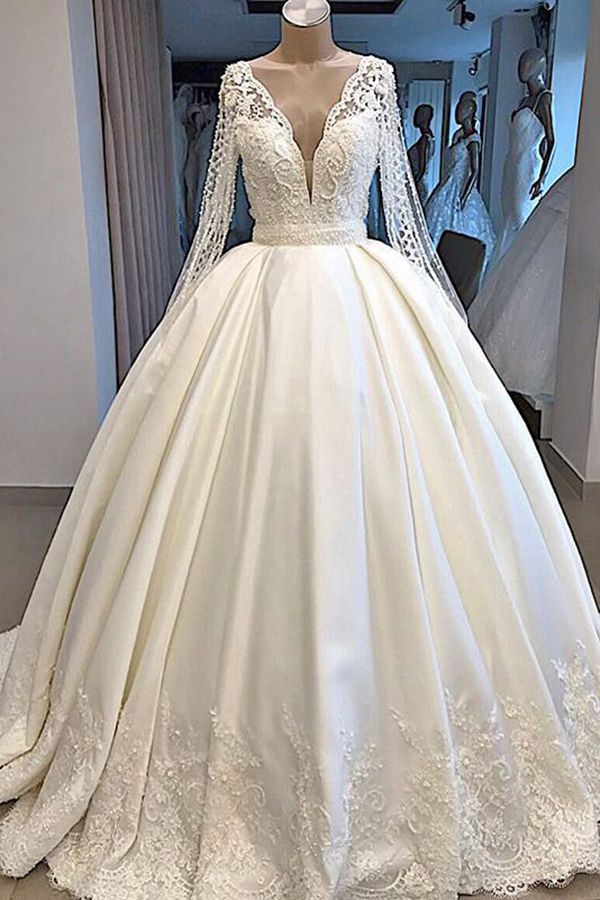 Long Ball Gown Satin V-neck Wedding Dress with Sleeves-BIZTUNNEL