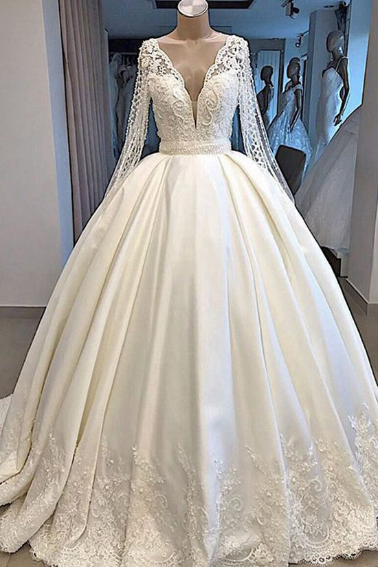Long Ball Gown Satin V-neck Wedding Dress with Sleeves-BIZTUNNEL