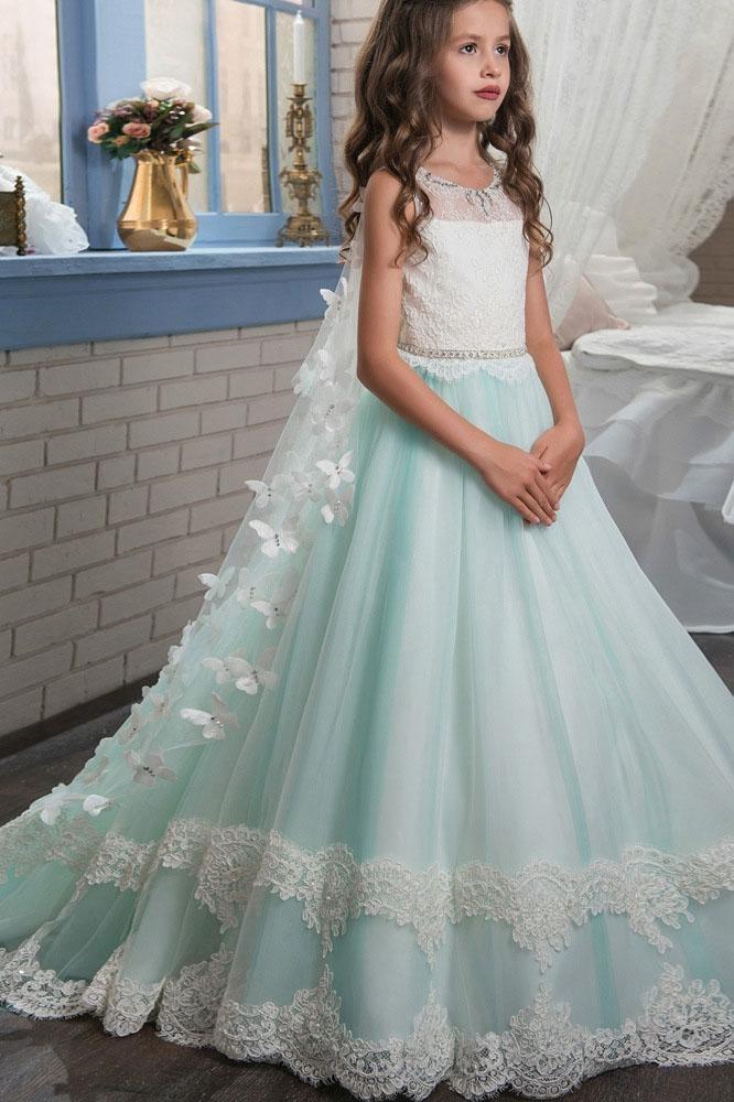 Charger l&amp;#39;image dans la galerie, Long Ball Gown Scoop Neck Sleeveless Lace Flower Girl Dresses-BIZTUNNEL
