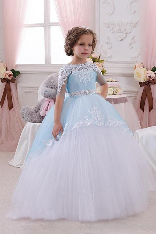 Long Ball Gown Scoop Neck Tulle Lace Flower Girl Dresses with Sleeves-BIZTUNNEL