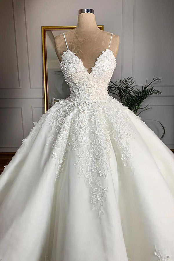 Carregar imagem no visualizador da galeria, Long Ball Gown Spaghetti Strap Appliques Lace Satin Wedding Dress-BIZTUNNEL
