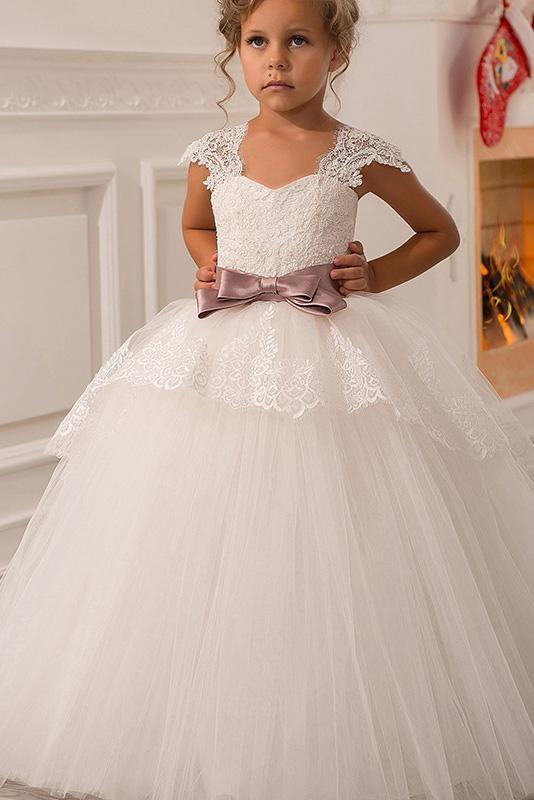 Long Ball Gown Square Neck Tulle Lace Flower Girl Dresses with Cap Sleeves-BIZTUNNEL