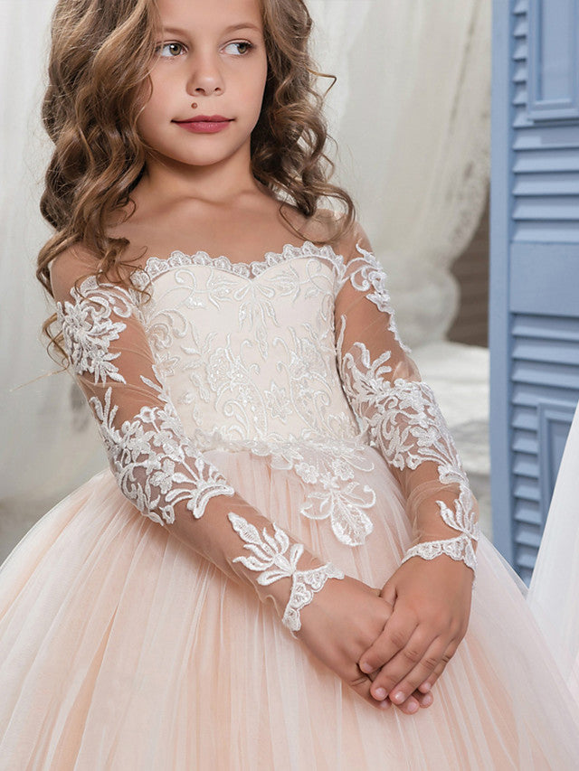 Long Ball Gown Sweep Brush Train Wedding Birthday Pageant Flower Girl Dresses with Sleeves-BIZTUNNEL