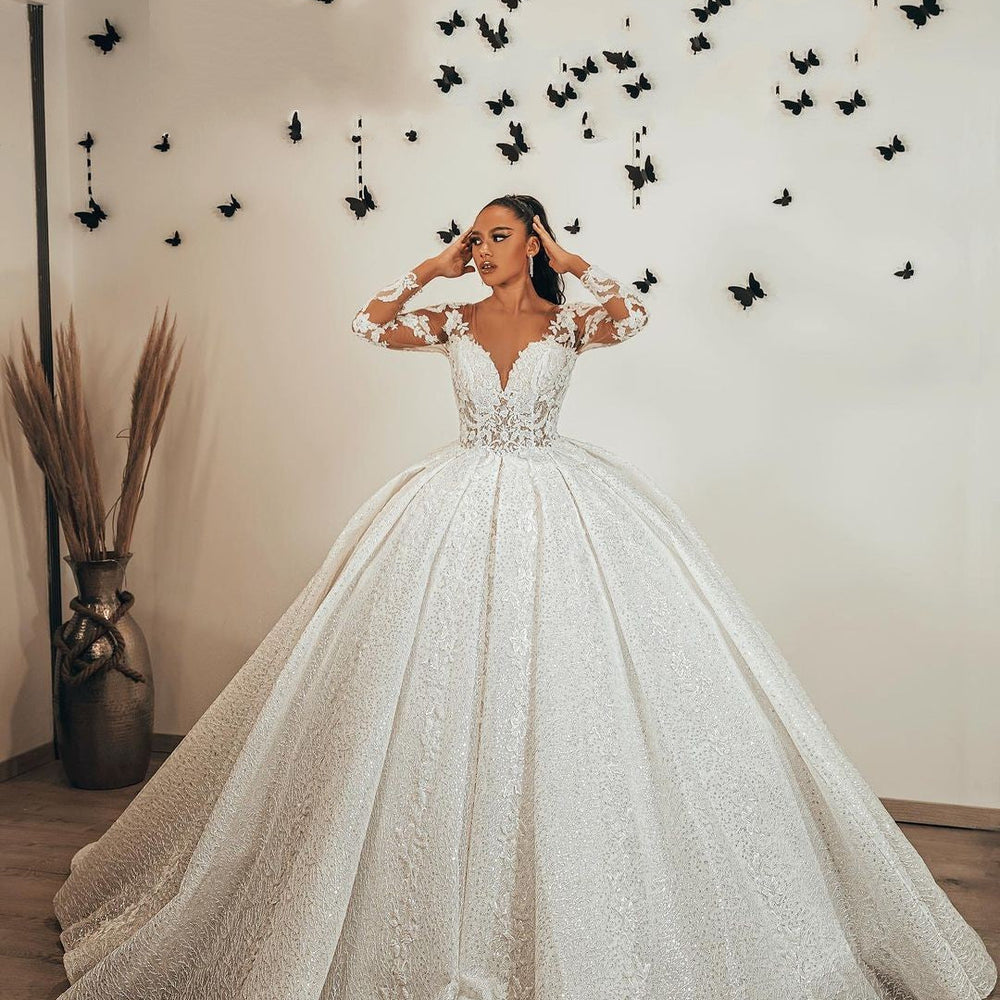Long Ball Gown Sweetheart Appliques Lace Sequins Ruffles Wedding Dress with Sleeves