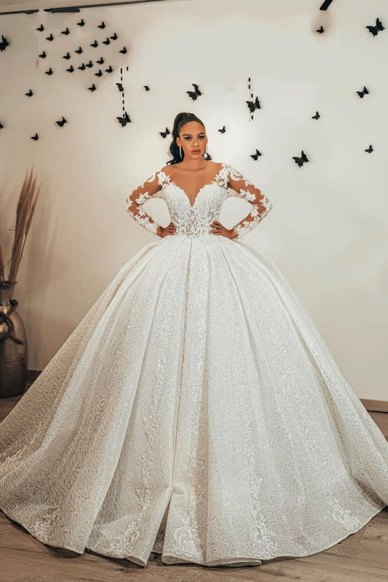 Long Ball Gown Sweetheart Appliques Lace Tulle Wedding Dress with Sleeves