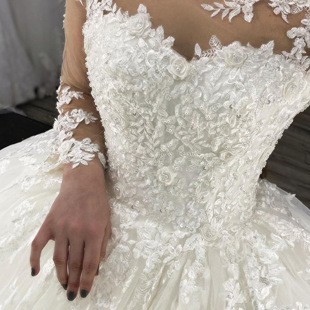 
                  
                    Long Ball Gown Sweetheart Appliques Lace Tulle Wedding Dress with Sleeves-BIZTUNNEL
                  
                