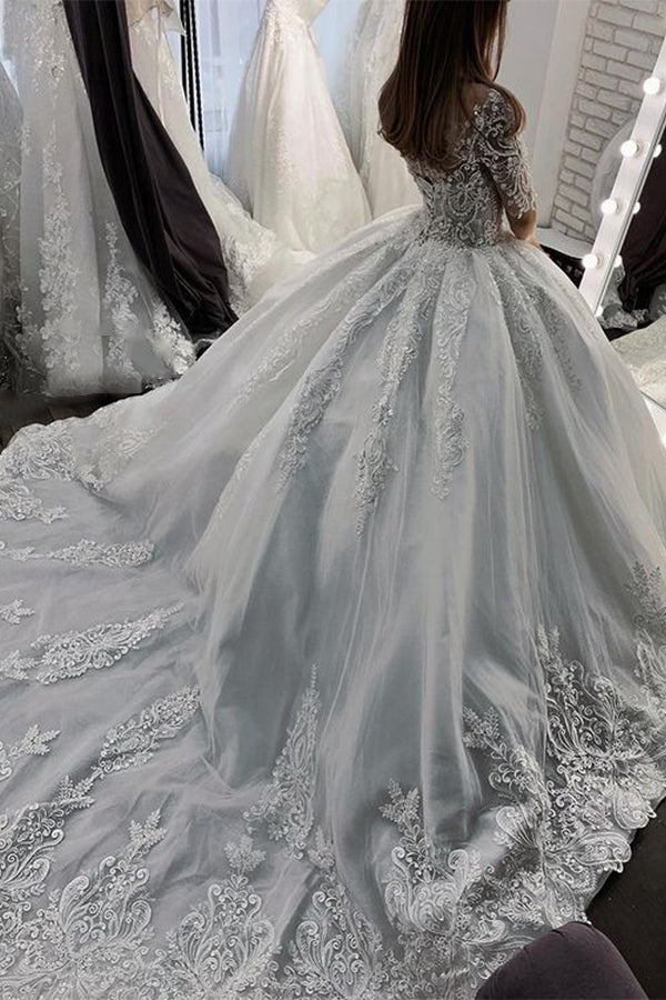 Long Ball Gown Sweetheart Appliques Lace Tulle Wedding Dress with Sleeves-BIZTUNNEL