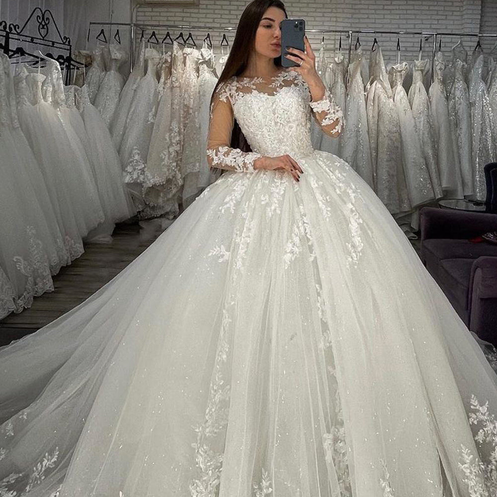 
                  
                    Long Ball Gown Sweetheart Appliques Lace Tulle Wedding Dress with Sleeves-BIZTUNNEL
                  
                