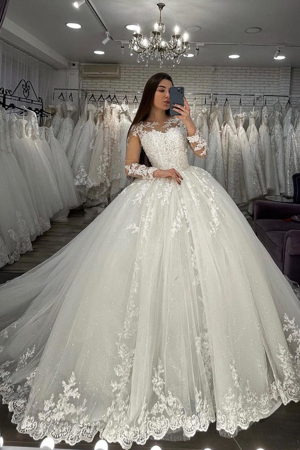 Dreamy Ball Gown Strapless Tulle Long Sleeves Long Wedding Dresses main image 0