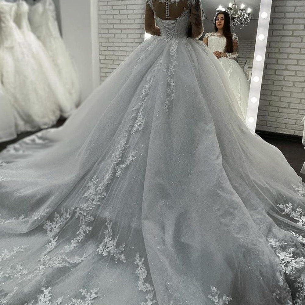 
                  
                    Long Ball Gown Sweetheart Appliques Lace Tulle Wedding Dress with Sleeves-BIZTUNNEL
                  
                