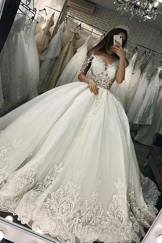Long Ball Gown Sweetheart Appliques Lace Tulle Wedding Dress with Sleeves-BIZTUNNEL