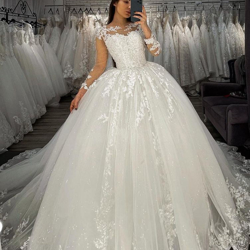 Long Ball Gown Sweetheart Appliques Lace Tulle Wedding Dress with Sleeves-BIZTUNNEL