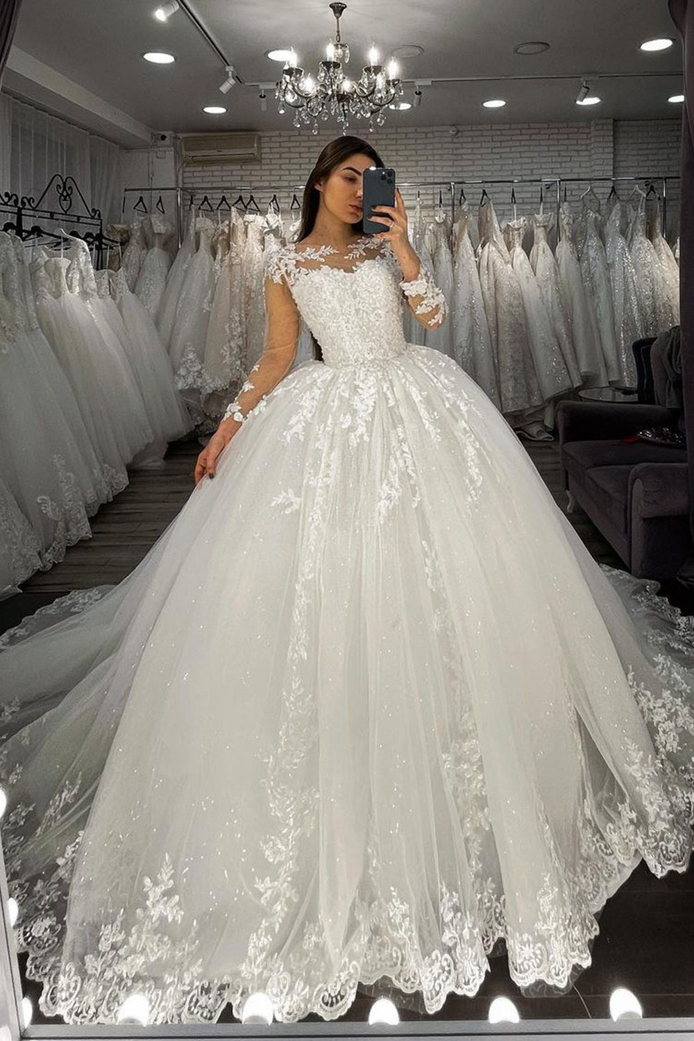 Long Ball Gown Sweetheart Appliques Lace Tulle Wedding Dress with Sleeves-BIZTUNNEL