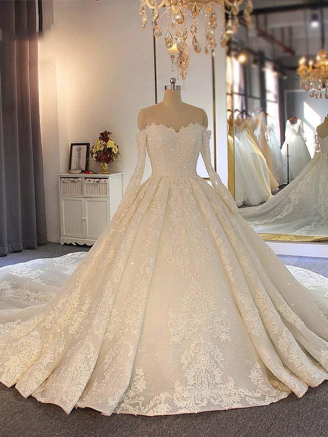 Long Ball Gown Sweetheart Lace Beading Wedding Dresses with Sleeves-BIZTUNNEL