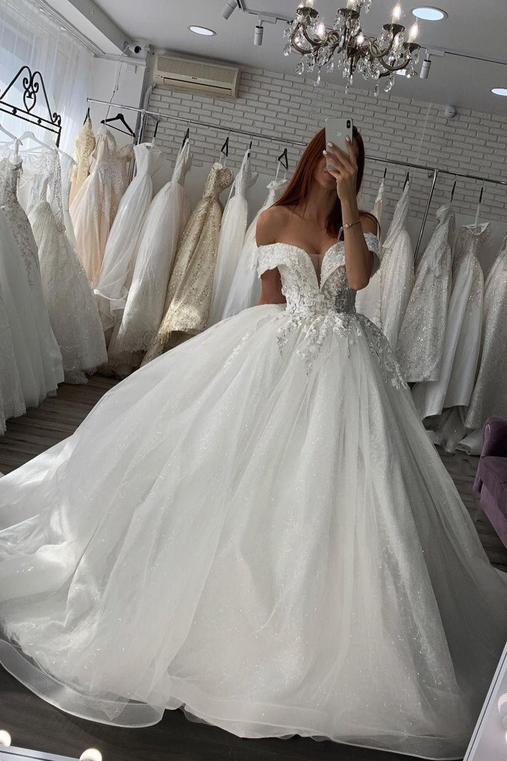 Long Ball Gown Sweetheart Off The Shoulder Satin Wedding Dress-BIZTUNNEL