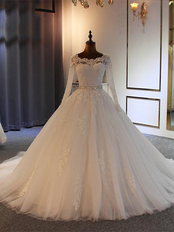 Charger l&amp;#39;image dans la galerie, Long Ball Gown Sweetheart Tulle Lace Wedding Dresses with Sleeves-BIZTUNNEL
