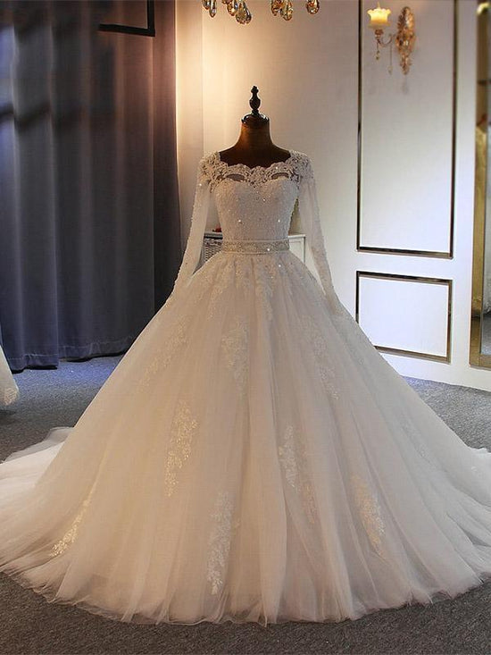 Long Ball Gown Sweetheart Tulle Lace Wedding Dresses with Sleeves-BIZTUNNEL