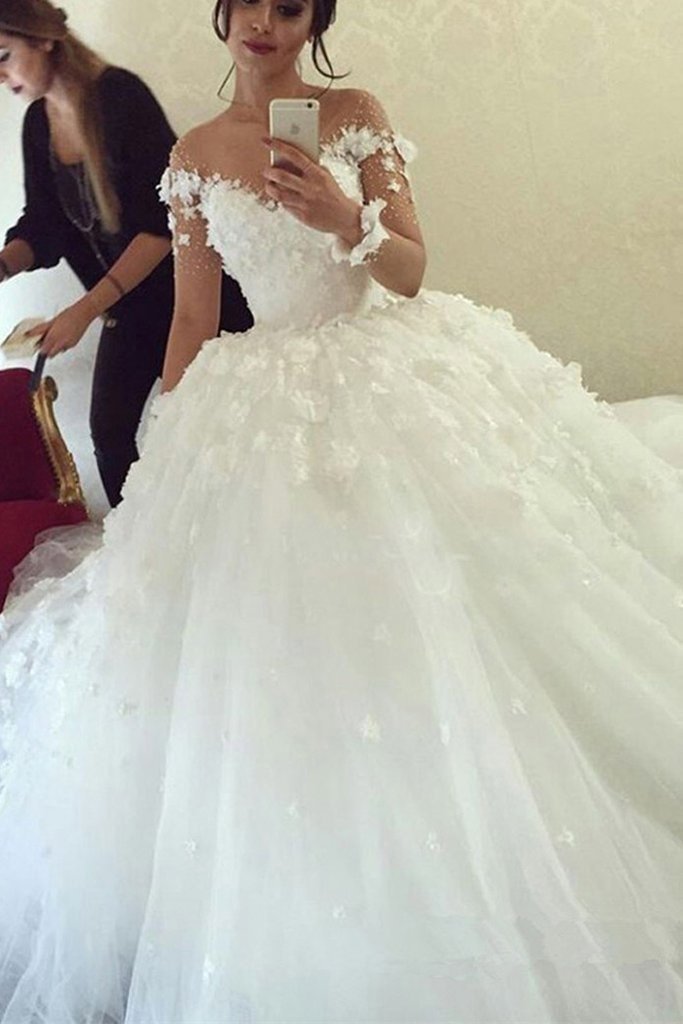 Long Ball Gown Sweetheart Tulle Wedding Dress with Sleeves-BIZTUNNEL